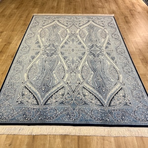 5 x 8 ft blauwwit zijden tapijt, zijden tapijt uit Turkiye, hoogwaardig tapijt, zijden bamboetapijt, tapijt voor woonkamer, paleiszijden tapijt