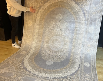 7x10 ft Gray Gold Color Silk Rug, Oversize Rug, High Quality Rug, Carpet For Living Room, Palace Silk Rug, Naturel Silk Rug from Turkiye