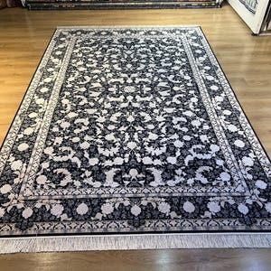 7x10 ft Black Beige Color Silk Rug, Oversize Rug, High Quality Rug, Carpet For Living Room, Palace Silk Rug, Naturel Silk Rug from Turkey