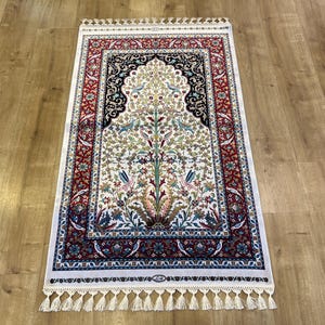 Beige Red 2.62X4.10 ft Silk Prayer Mat, Silk Prayer Rug, Luxury Muslim Prayer Rug, Prayer Rug, Prayer Gift Mat, Janamaz Mat, Gift, Janamaz