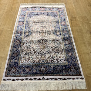 2.62x4.10 ft Blue White %100 Modal Silk Prayer Mat, Prayer Gift Mat, Silk Prayer Rug, Luxury Muslim Prayer Rug, Prayer Rug, Janamaz Mat