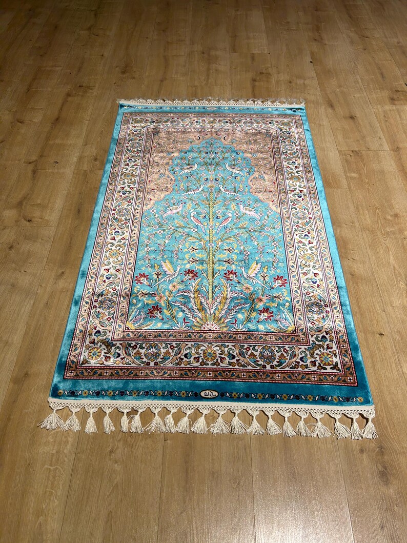 Prayer Rug Pattern 2.62x4.10 Ft Blue Silk Prayer Rug, Floral and Bird Design Mat, Muslim ...