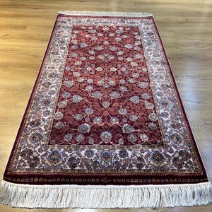 3x5 ft Red Beige Silk Carpet, Silk Rug, High Quality Silk Rug, Rug For Livingroom, Palace Silk Rug, Naturel Silk Rug from Turkiye