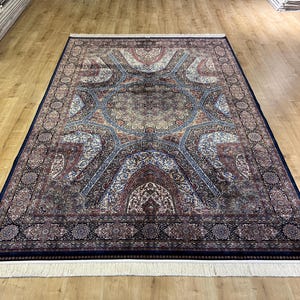 7x10 ft Dark Blue Silk Carpet, Rug For Living Room, Silk Rug, Persian Silk Rug, Top Quality Silk Rug, Turkish Silk Rug, Ottoman Silk Rug