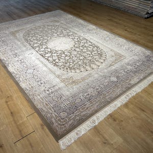 7x10 ft Beige Brown Persian Silk Carpet, Silk Rug, High Quality Rug, Rug For Living Room, Silk Rug, Oversiz Silk Rug, Home Decor, Silk Rug