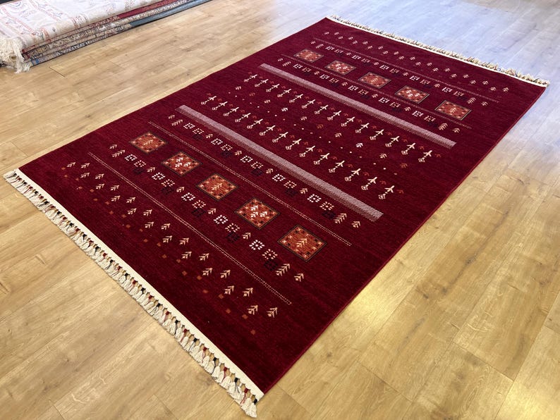 5x8 Ft Red Wool Area Rug, Tree of Life Design, Ethnic Geometric ...