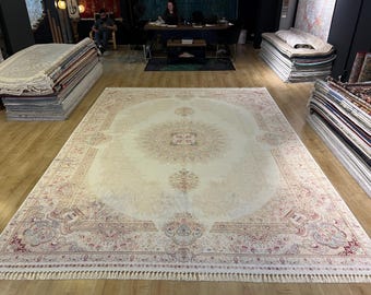 10x13 ft Beige Silk Rug, Ottoman Silk Rug ,Rug For Living Room, Luxury Silk Rug, Oversized Silk Rug, Luxury Silk Rug, Turkish Silk Rug
