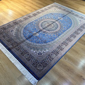 5x8 ft Dark Blue Gold Silk Rug, High Quality Rug, Carpet For Living Room, Palace Silk Rug, Naturel Silk Rug from Turkey