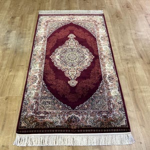 3x5 ft Red Beige Silk Carpet, Silk Rug, High Quality Silk Rug, Rug For Livingroom, Palace Silk Rug, Naturel Silk Rug from Turkiye
