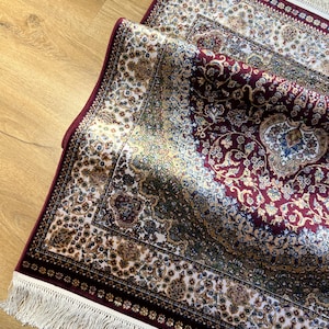 3x5 ft Red Beige Silk Carpet, Silk Rug, High Quality Silk Rug, Rug For Livingroom, Palace Silk Rug, Naturel Silk Rug from Turkiye