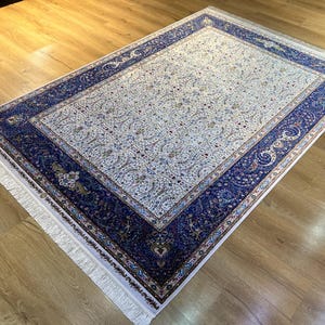 5x8 ft Cream Dark Blue Silk Rug, Floral Patterned Silk Rug, Medium Silk Rug, High Quality Rug, Qum Silk Rug, Rug For Living Room, Rugs