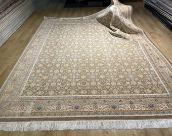 8x10 Ft Beige Silk Rug, Cream Floral Design With Elegant Border, Luxury Area Rug