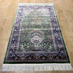 2.62x4.10 ft Blue Green Prayer Gift Mat, %100 Modal Silk Prayer Mat, Silk Prayer Rug, Luxury Muslim Prayer Rug, Prayer Rug, Janamaz Mat
