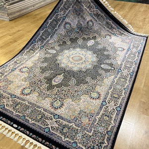 5x8 ft Black Blue %100 Modal Silk Carpet, Luxury Silk Rug, High Quality Rug, Turkish Carpet, Silk Rug, Turkish Silk Rug, Rug For Living Room