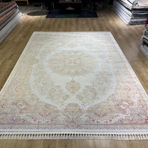 8 x 11 ft goud crèmekleurig zijden tapijt, woondecoratie, luxe zijden tapijt, paleiszijden tapijt, Perzisch zijden tapijt, zijde uit Turkije, Perzisch tapijt voor woonkamer