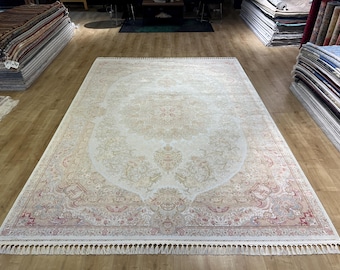 8x11 ft Gold Cream Silk Rug, Home Decor, Luxury Silk Rug, Palace Silk Rug, Persian Silk Rug, Silk from Turkey, Persian Rug for Living Room