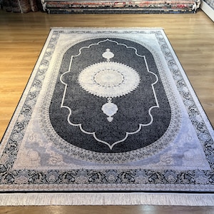 Tappeto in seta grigio-nero 7 x 10 piedi, tappeto oversize, tappeto di alta qualità, tappeto per soggiorno, tappeto in seta Palace, tappeto in seta naturale dalla Turchia