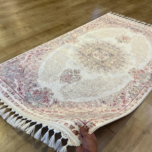 3x5 ft Beige Silk Rug, Silk Bamboo Carpet, High Quality Silk Rug, Rug For Livingroom, Home Decor, Naturel Silk Rug from Turkiye