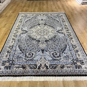 7x1o ft Black Blue Silk Rug, Persian Silk Rug, High Quality Rug, Turkish Rug For Living Room, Palace Silk Rug, Naturel Silk Rug from Turkey