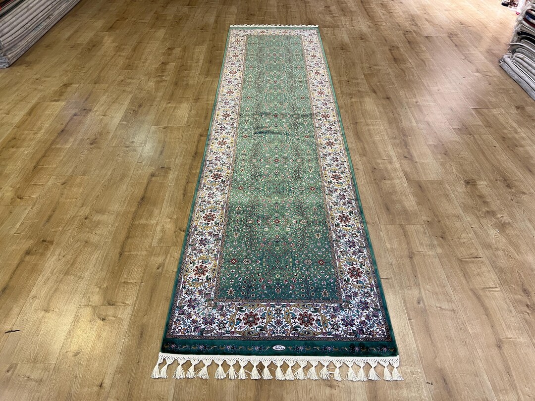 Green Floral Silk Runner Rug, Turkish Style, 3x10 Ft, Classic Luxury ...