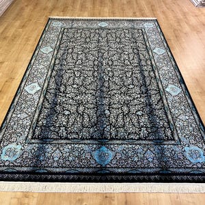 7x10 ft Blue Black %100 Modal Silk Rug, High Quality Rug, Rug For Living Room, Silk Carpet, Turkish Silk Rug, Naturel Silk Rug from Turkey