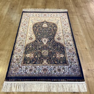 2.6x4.10 ft Dark Blue Beige Prayer Mat, Silk Prayer Rug, Luxury Muslim Prayer Rug, Prayer Rug, Prayer Gift Mat, Janamaz Mat, Muslim Gift