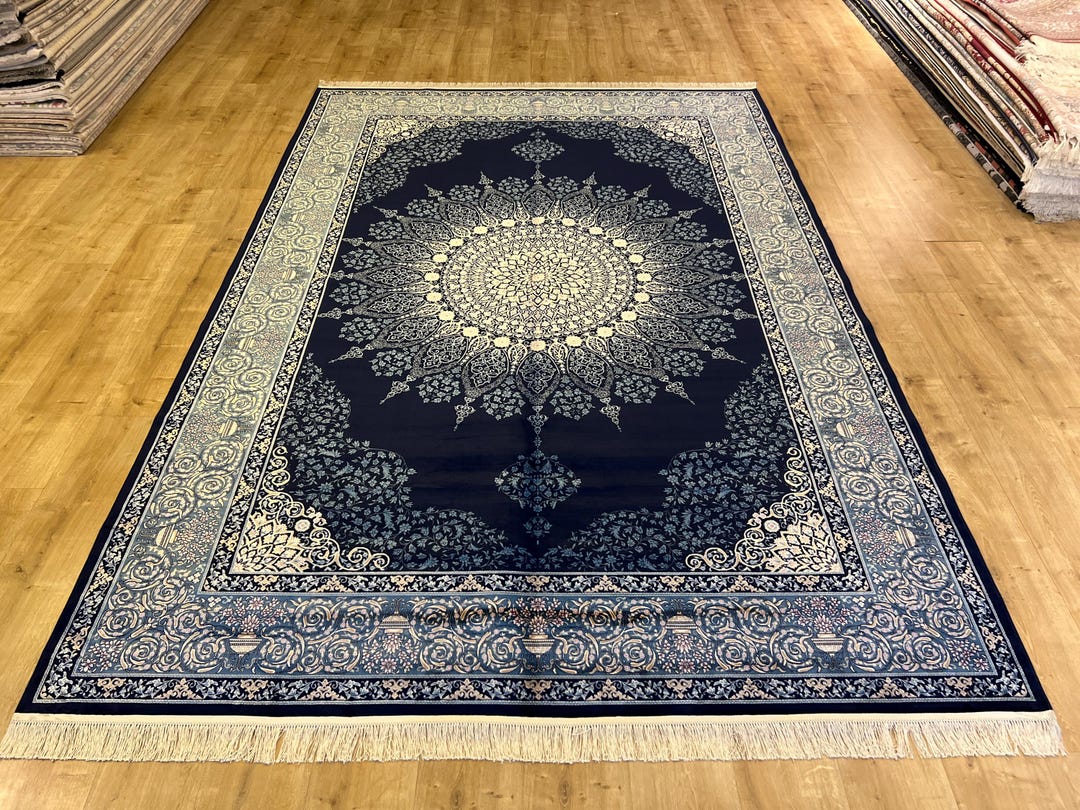 7x10 Ft Elegant Navy Blue Silk Rug, Traditional Classic Medallion - Etsy