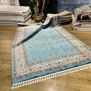 5 x 8 ft blauw Turks zijden tapijt, vloerkleed voor woonkamer, hoogwaardig tapijt, interieurtapijt, luxe zijden tapijt, paleiszijden tapijt, authentiek zijden tapijt