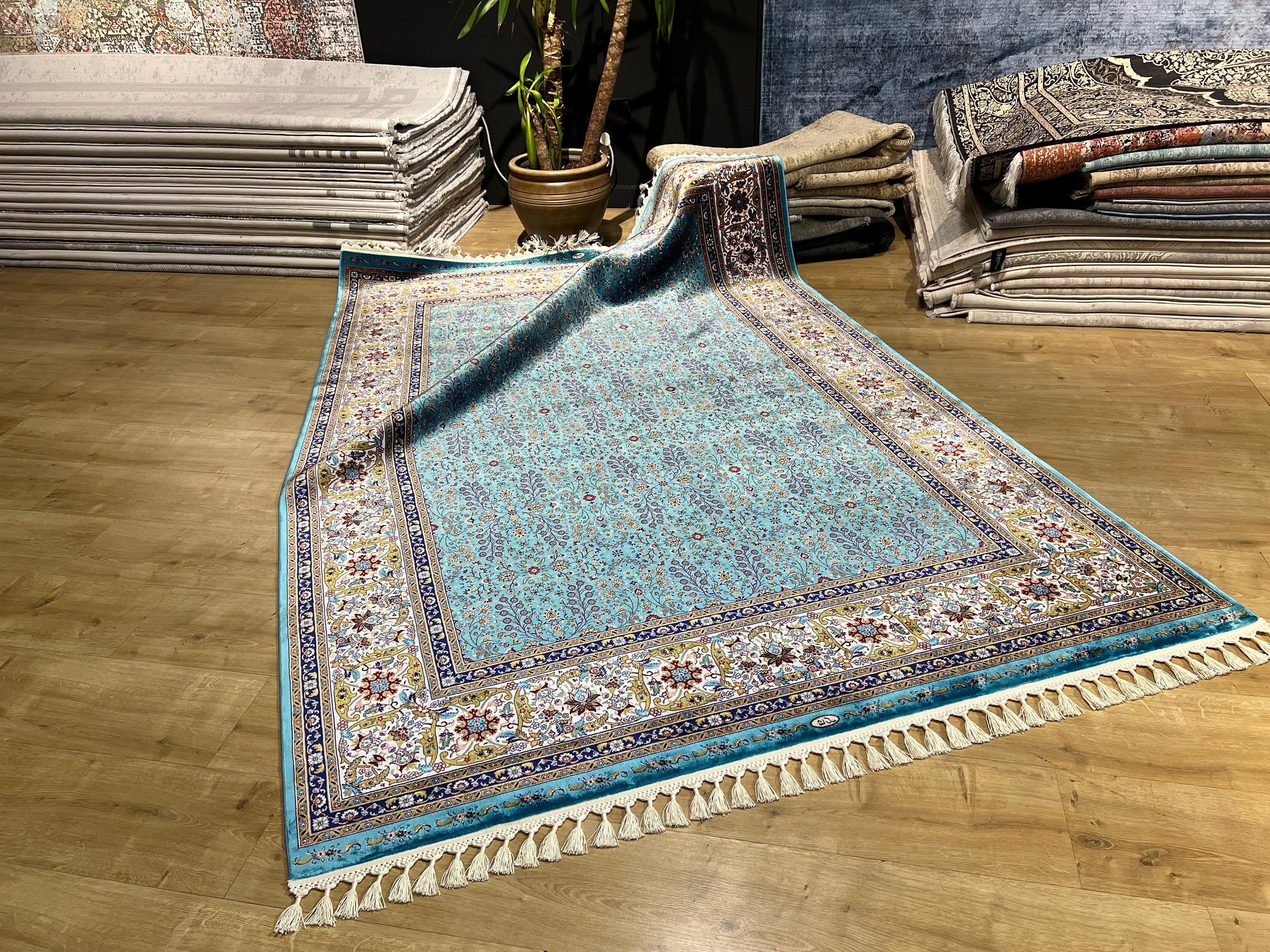 5X8 ft Blue Turkish Silk Rug, Rug For Living Room, High Quality Rug, Home Decor Rug, Luxury Silk Rug, Palace Silk Rug, Authentic Silk Rug