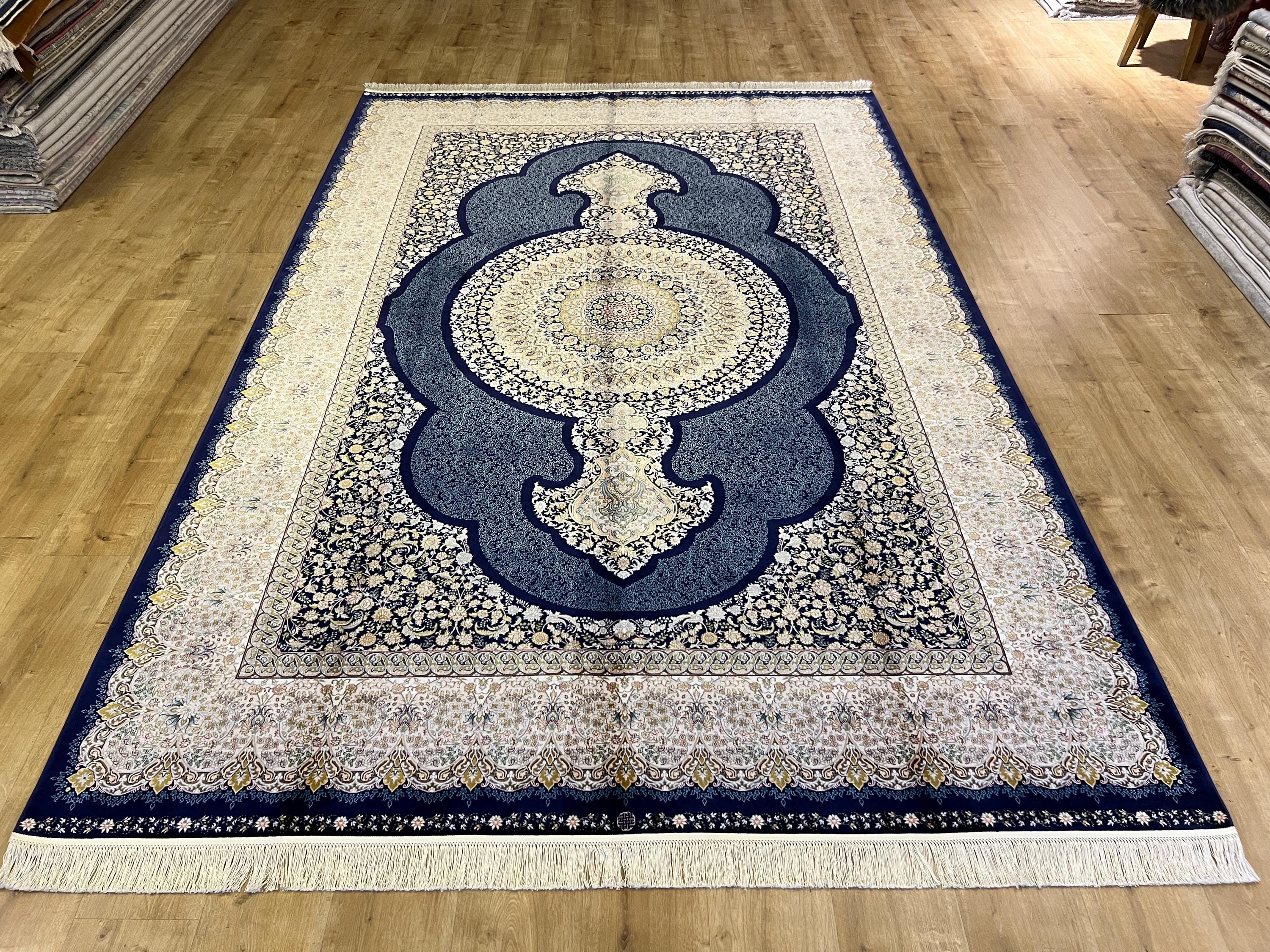 Navy Blue Modal Silk Turkish Carpet, 7x10 Ft, Medallion Pattern