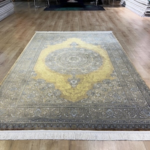 5 x 8 ft gouden zijden tapijt, zijden tapijt met medaillonpatroon, medium zijden tapijt, hoogwaardig tapijt, Qum zijden tapijt, klassiek zijden tapijt, tapijt voor woonkamer