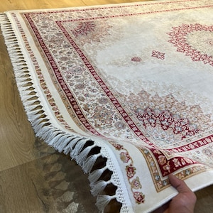 5x8 ft Cream Red Bamboo Silk  Rug, Silk Carpet, Luxury Silk Rug, Silk Rug, High Quality Rug, Turkish Silk Rug, Rug for Livingroom