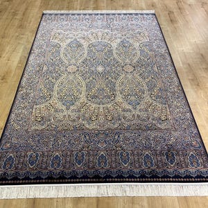 5 x 8 ft blauwgouden zijden tapijt, zijden tapijt, paleiszijden tapijt, natuurlijk zijden tapijt uit Turkiye, voor woonkamer, zijden tapijt van hoge kwaliteit