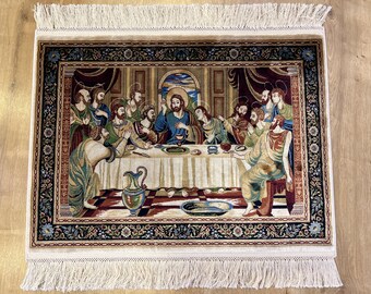Dywanik gobelinowy z jedwabiu modalnego, Ostatnia Wieczerza, dekoracja ścienna o tematyce religijnej (1,64 x 2,29 stopy)