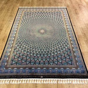 5x8 ft Blue Black Silk Carpet, Home Decor, Luxury Silk Rug, Palace Silk Rug, High Quality Rug, Turkish Rug, Persian Rug, Rug For Livingroom