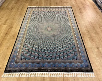 Blue Black Silk Carpet, Home Decor, Luxury Silk Rug, Palace Silk Rug, High Quality Rug, Silk from Turkey, Persian Rug, Rug For Livingroom
