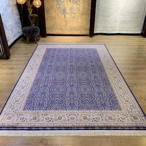 Tappeto in seta floreale blu 7 x 10 piedi, tappeto per soggiorno, arredamento per la casa, tappeto in seta 100% modal, tappeto in seta turca, tappeto in seta di alta qualità, tappeto in seta Hereke