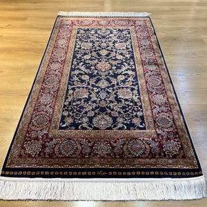 3x5 ft Red Blue Silk Carpet, Silk Rug, High Quality Silk Rug, Rug For Livingroom, Palace Silk Rug, Naturel Silk Rug from Turkiye