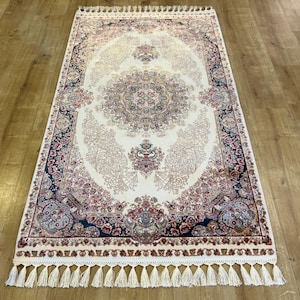 3x5 ft Blue Beige Silk  Bamboo Carpet, Silk Rug, High Quality Silk Rug, Rug For Livingroom, Home Decor, Naturel Silk Rug from Turkiye