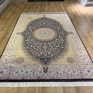7x10 ft Dark Blue Gold Silk Carpet, Rug For Living Room, 7x10 ft Silk Rug, Persian Silk Rug, Top Quality Silk Rug, Turkish Silk Rug