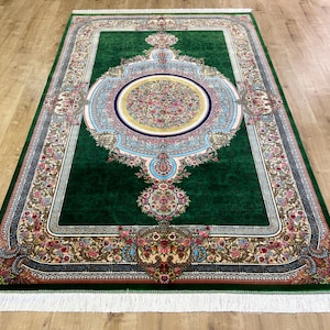 5 x 8 ft groen zijden tapijt, Turks tapijt voor woonkamer, paleiszijden tapijt, hoogwaardig tapijt, natuurlijk zijden tapijt uit Turkije, Perzisch zijden tapijt