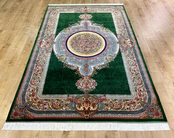 5x8 ft Green Silk Carpet, Turkish Carpet For Living Room, Palace Silk Rug, High Quality Rug, Naturel Silk Rug from Turkey, Persian Silk Rug