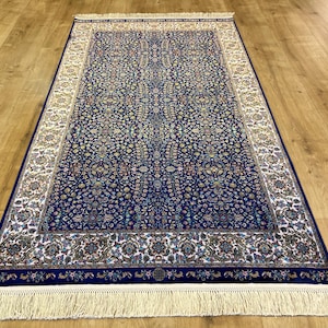 3x5 ft Dark Blue Silk Rug, Home Decor, Rug for Livingroom, 3x5 ft Silk Carpet, Turkish Silk Rug, Top Quality Silk Rug, Hereke Silk Rug