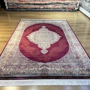 5 x 8 ft roodgouden zijden tapijt, zijden tapijt, Turks zijden tapijt, tapijt voor woonkamer, zijden tapijt van hoge kwaliteit, natuurlijk zijden tapijt uit Turkiye