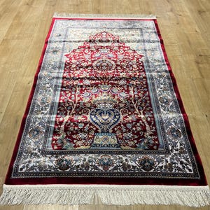 2.62x4.10 ft Red Prayer Gift Mat, Luxury Muslim Prayer Rug, %100 Modal Silk Prayer Mat, Silk Prayer Rug, Prayer Rug, Janamaz Mat
