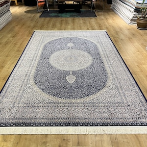 7x10 ft Dark Blue Turkish Carpet, %100 Modal Silk Rug, Silk Carpet, High Quality Rug, Carpet For Living Room, Naturel Silk Rug from Turkey