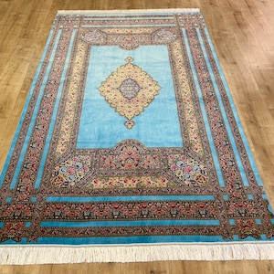 5x8 ft Blue Silk Carpet, Persian Silk Rug, High Quality Rug, Turkish Carpet For Living Room, Palace Silk Rug, Naturel Silk Rug from Turkey