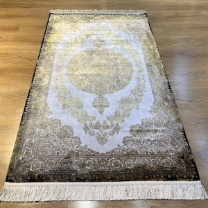 3x5 ft Beige Gold Silk Carpet, Silk Rug, High Quality Silk Rug, Rug For Livingroom, Palace Silk Rug, Naturel Silk Rug from Turkiye