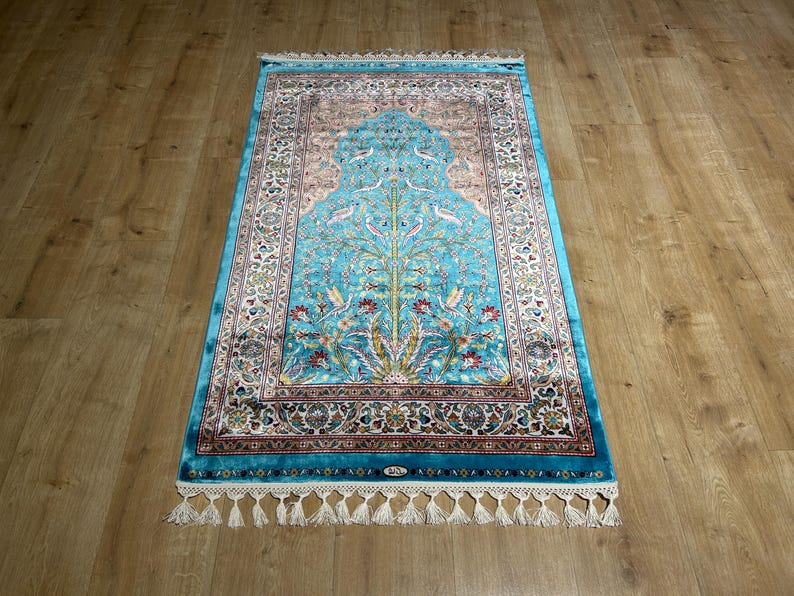 Prayer Rug Pattern 2.62x4.10 Ft Blue Silk Prayer Rug, Floral and Bird Design Mat, Muslim ...