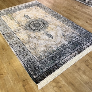 5x8 ft Beige Gray Silk Rug, Medallion Silk Rug, Silk Carpet, High Quality Rug, Rug For Living Room, Turkish Silk Rug, Luxury Silk Rug